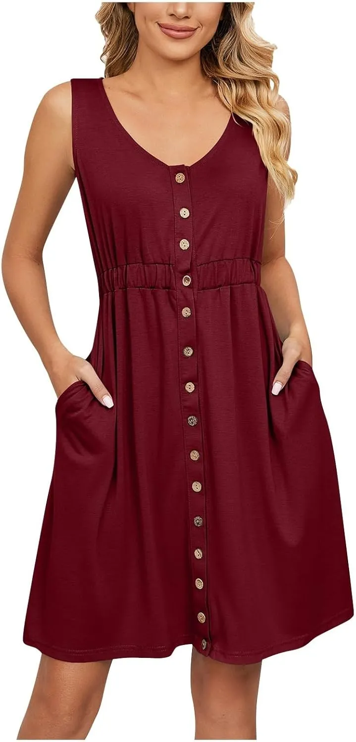 Sundresses for Women 2024,Women Summer Dresses Sleeveless Casual Swing Button Down Midi Dress with Pockets