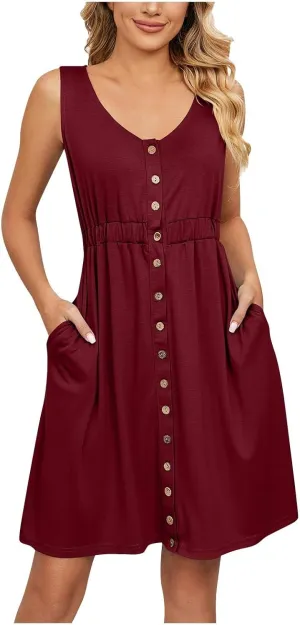 Sundresses for Women 2024,Women Summer Dresses Sleeveless Casual Swing Button Down Midi Dress with Pockets