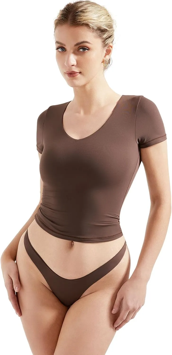 SUUKSESS Women Double Lined Fitted Basic Tee Sexy V Neck Short Sleeve Y2K Crop Top