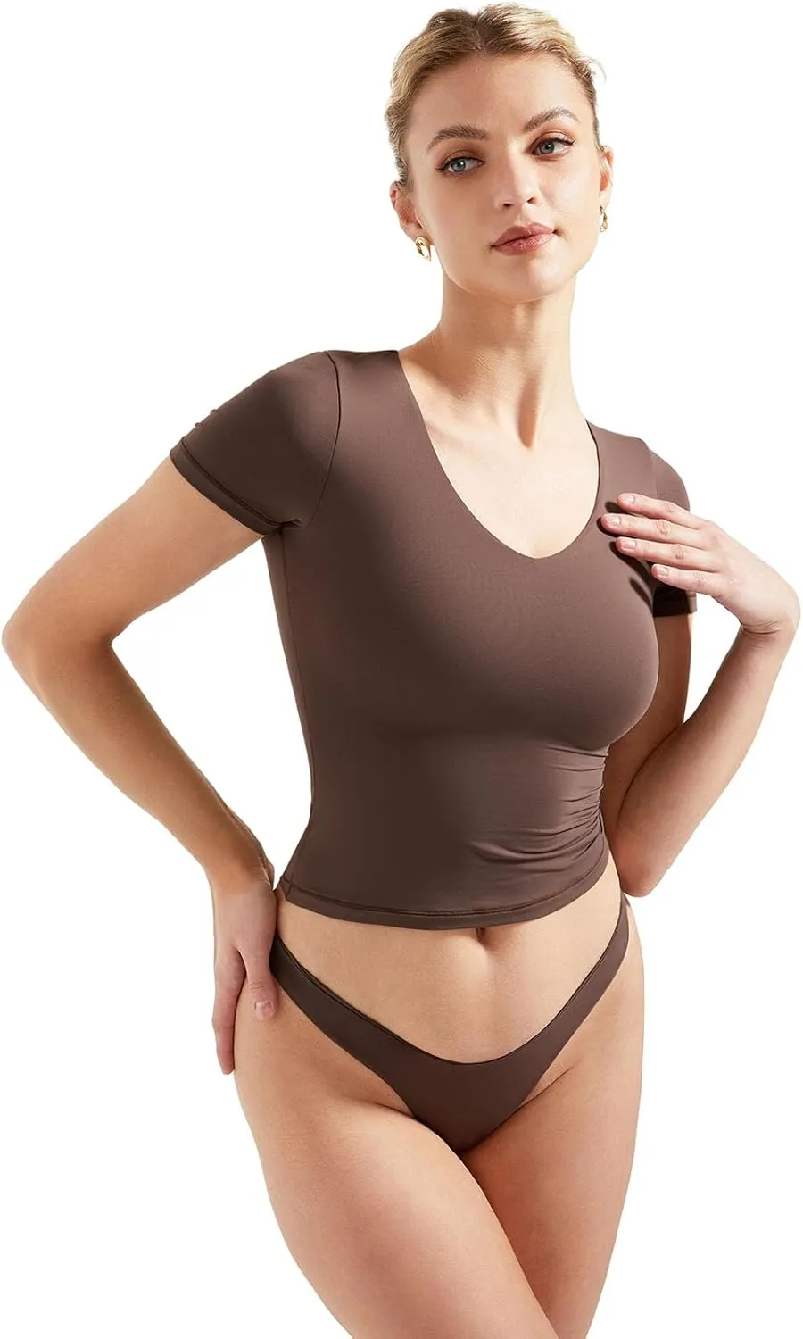 SUUKSESS Women Double Lined Fitted Basic Tee Sexy V Neck Short Sleeve Y2K Crop Top