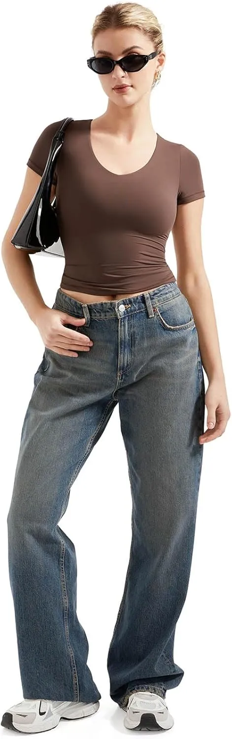 SUUKSESS Women Double Lined Fitted Basic Tee Sexy V Neck Short Sleeve Y2K Crop Top