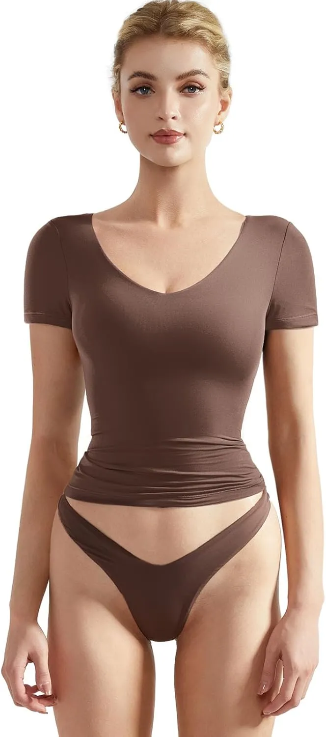 SUUKSESS Women Double Lined Fitted Basic Tee Sexy V Neck Short Sleeve Y2K Crop Top
