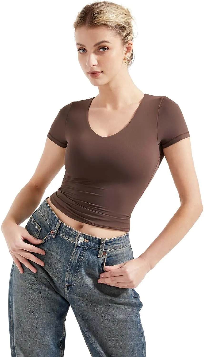 SUUKSESS Women Double Lined Fitted Basic Tee Sexy V Neck Short Sleeve Y2K Crop Top