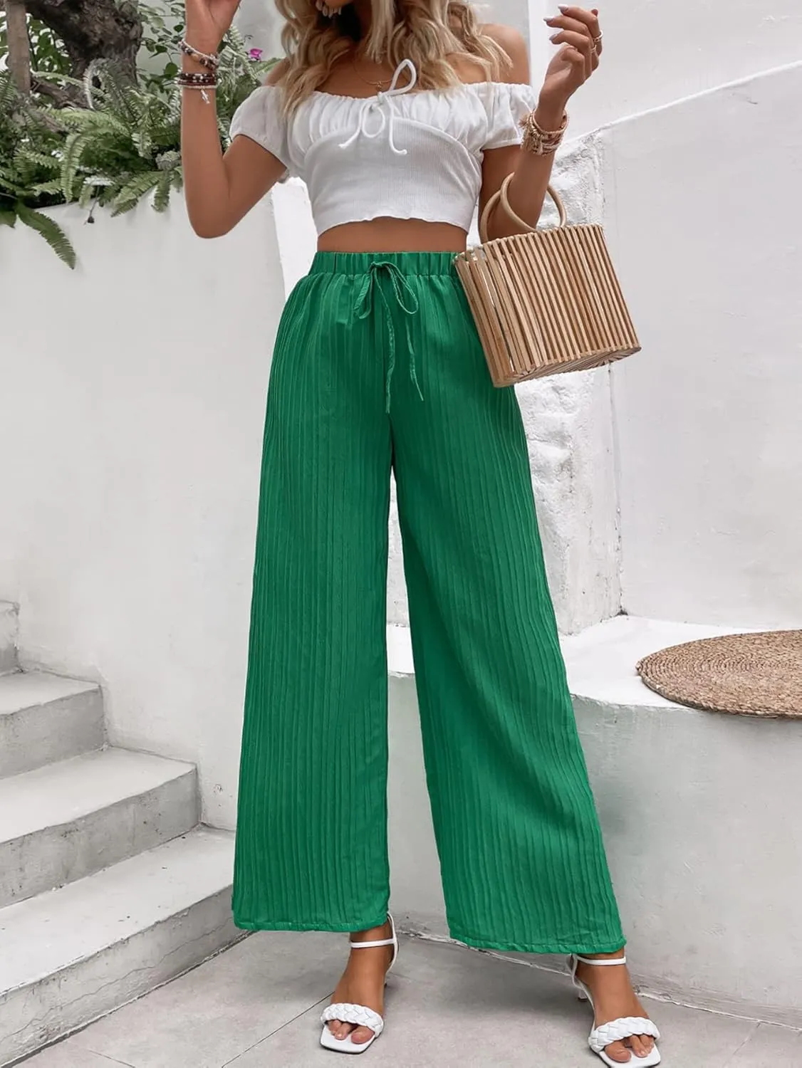 SweatyRocks Women's Boho Elastic Waist Pleated Pants Wide Leg Palazzo Pants Loose Trousers