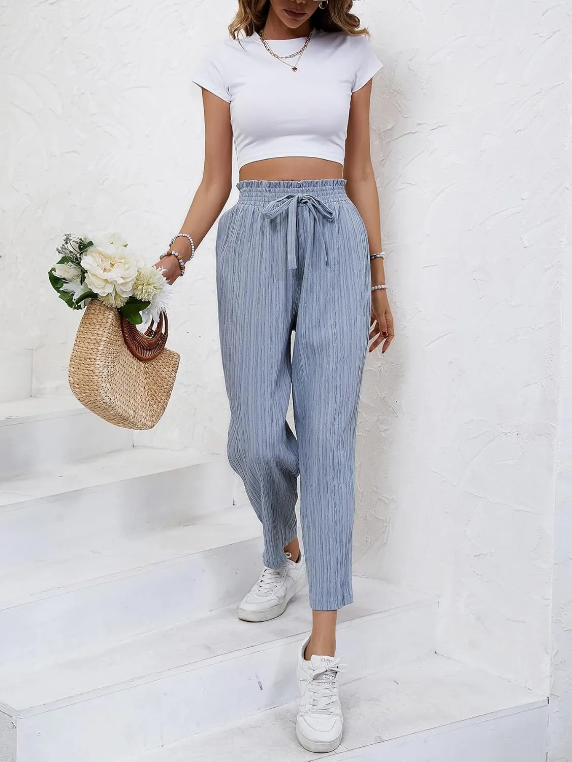 SweatyRocks Women's Boho Elastic Waist Pleated Pants Wide Leg Palazzo Pants Loose Trousers