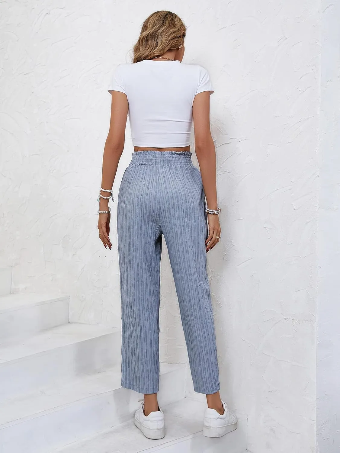 SweatyRocks Women's Boho Elastic Waist Pleated Pants Wide Leg Palazzo Pants Loose Trousers