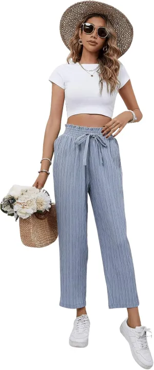 SweatyRocks Women's Boho Elastic Waist Pleated Pants Wide Leg Palazzo Pants Loose Trousers