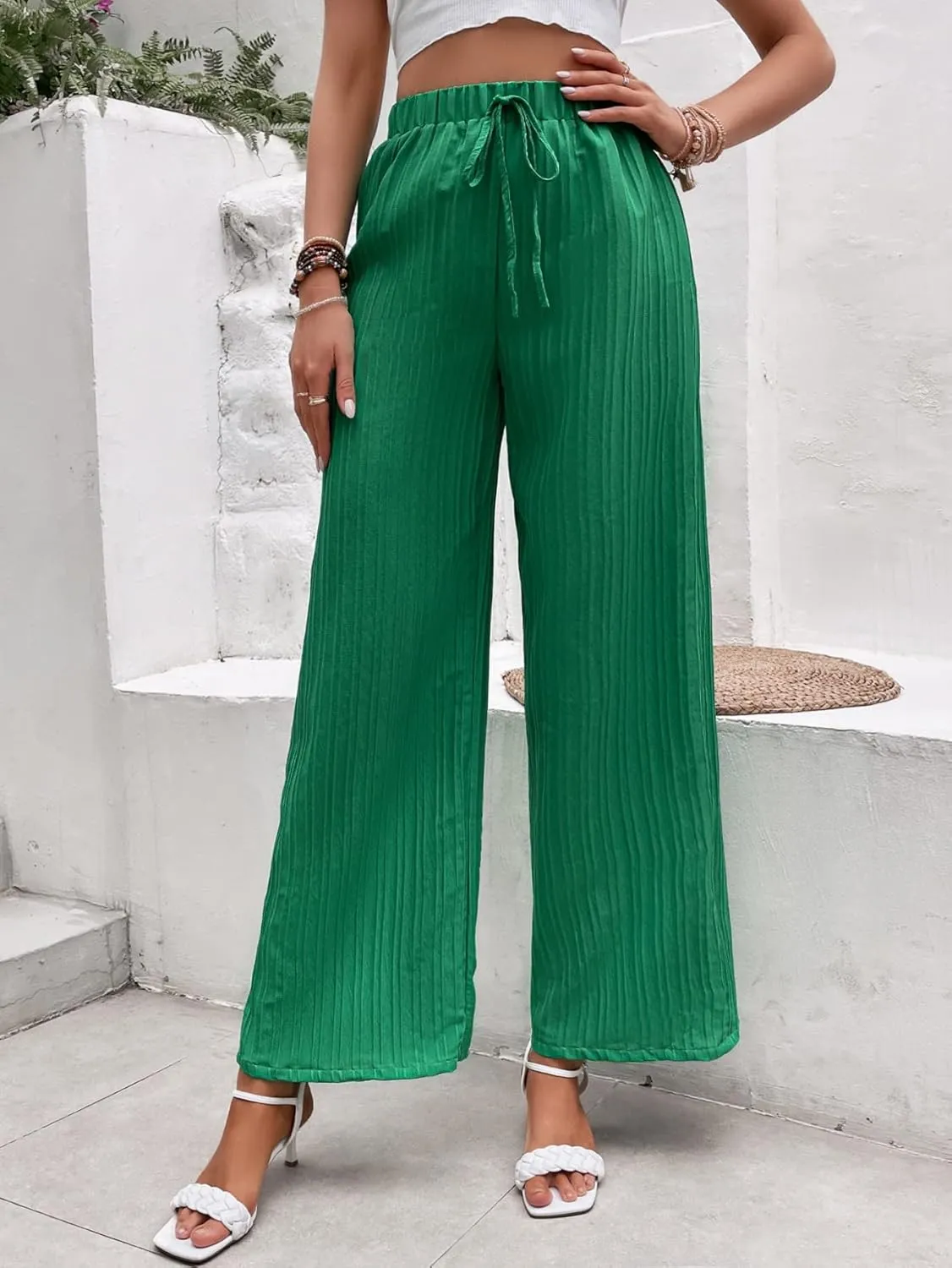 SweatyRocks Women's Boho Elastic Waist Pleated Pants Wide Leg Palazzo Pants Loose Trousers