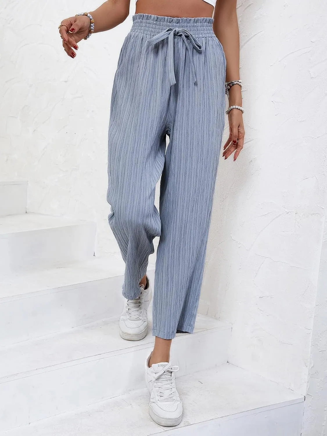 SweatyRocks Women's Boho Elastic Waist Pleated Pants Wide Leg Palazzo Pants Loose Trousers