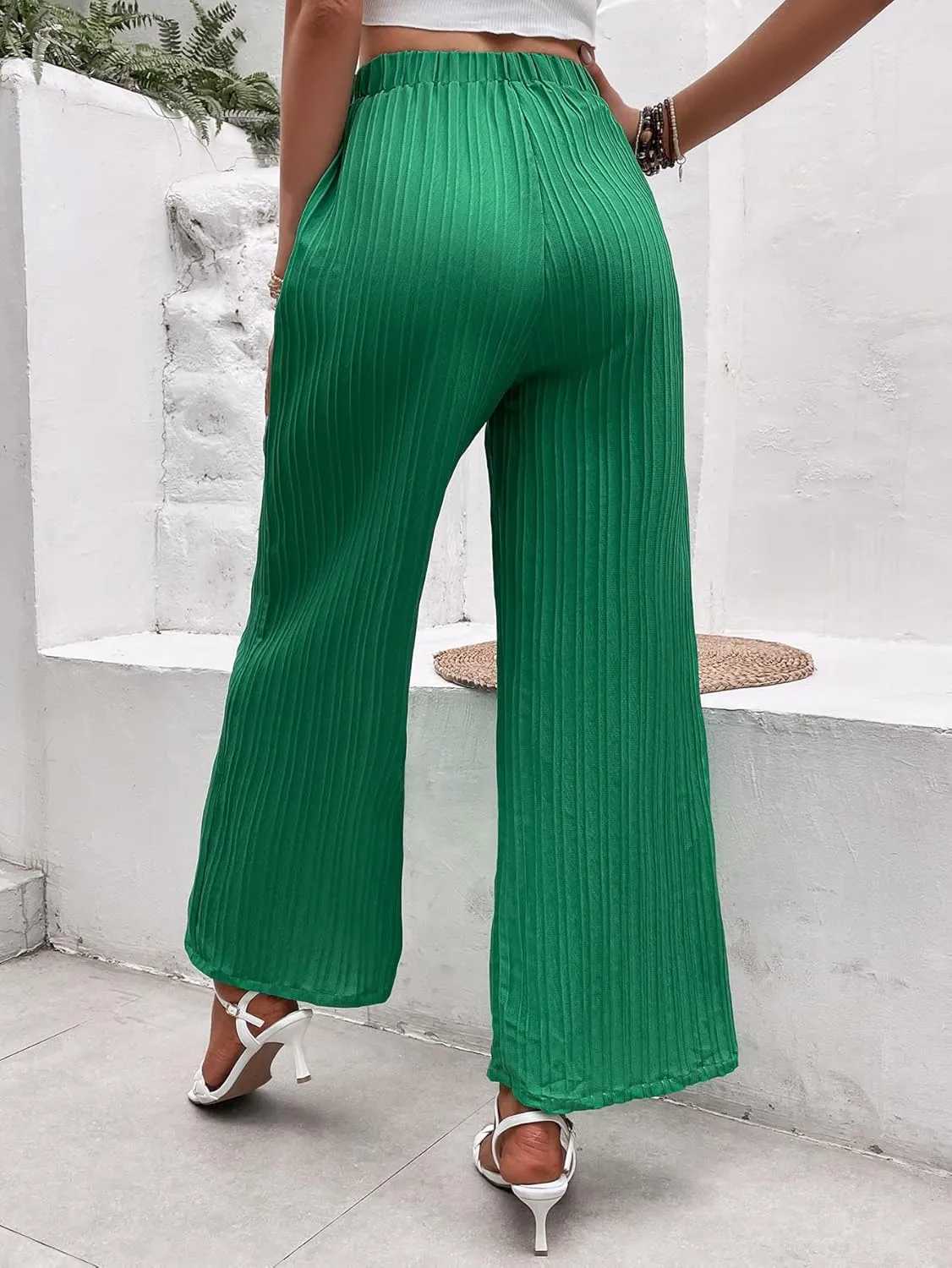 SweatyRocks Women's Boho Elastic Waist Pleated Pants Wide Leg Palazzo Pants Loose Trousers