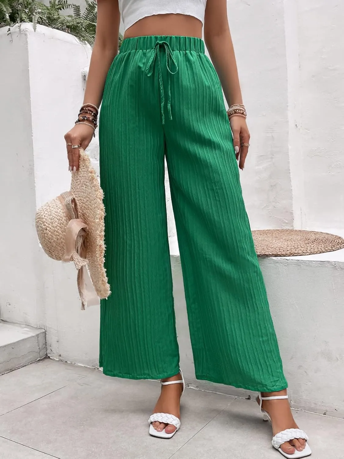 SweatyRocks Women's Boho Elastic Waist Pleated Pants Wide Leg Palazzo Pants Loose Trousers