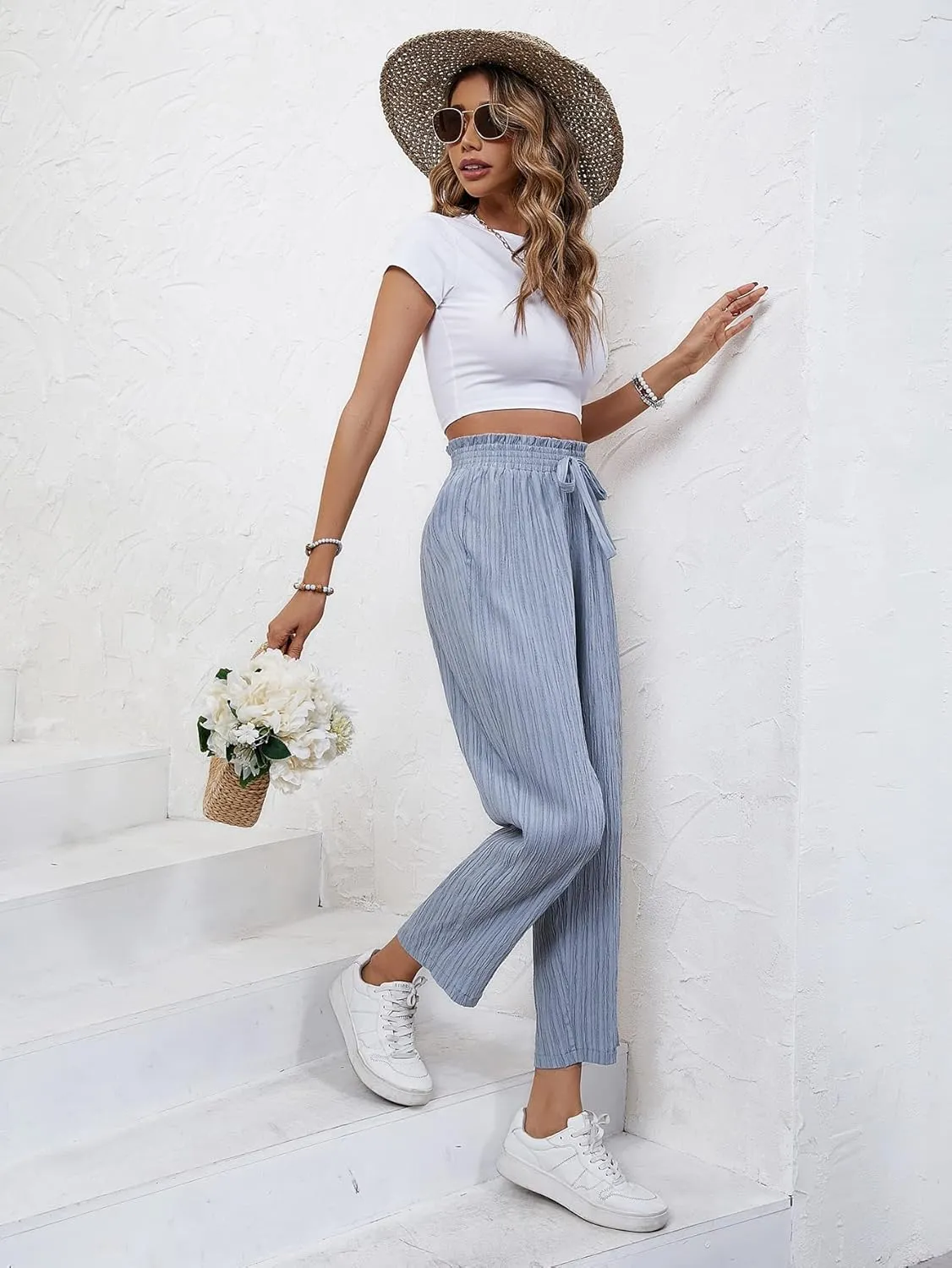 SweatyRocks Women's Boho Elastic Waist Pleated Pants Wide Leg Palazzo Pants Loose Trousers
