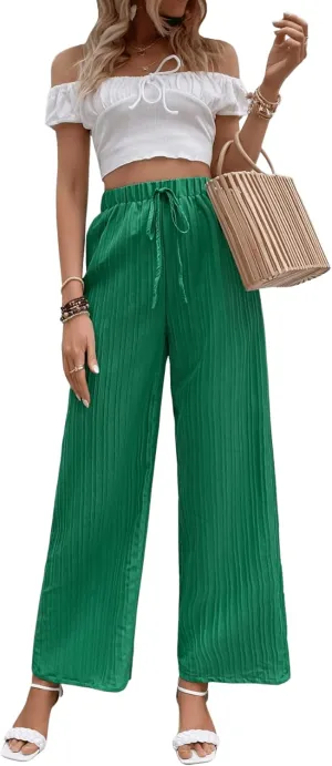 SweatyRocks Women's Boho Elastic Waist Pleated Pants Wide Leg Palazzo Pants Loose Trousers