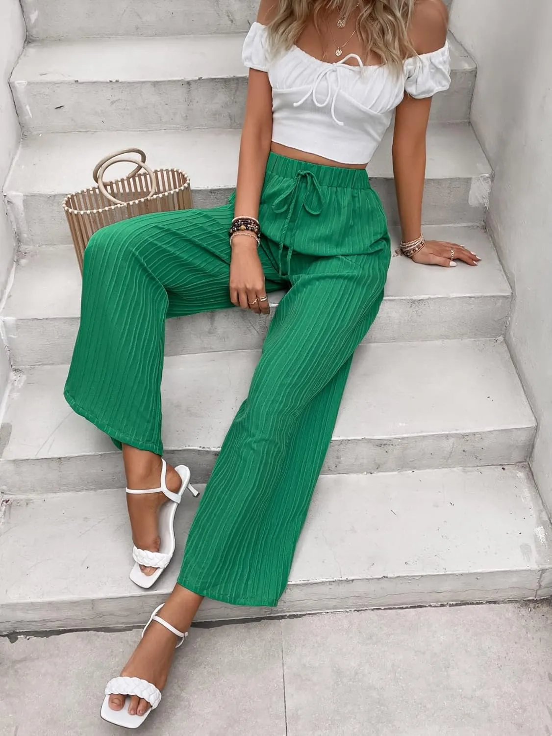 SweatyRocks Women's Boho Elastic Waist Pleated Pants Wide Leg Palazzo Pants Loose Trousers