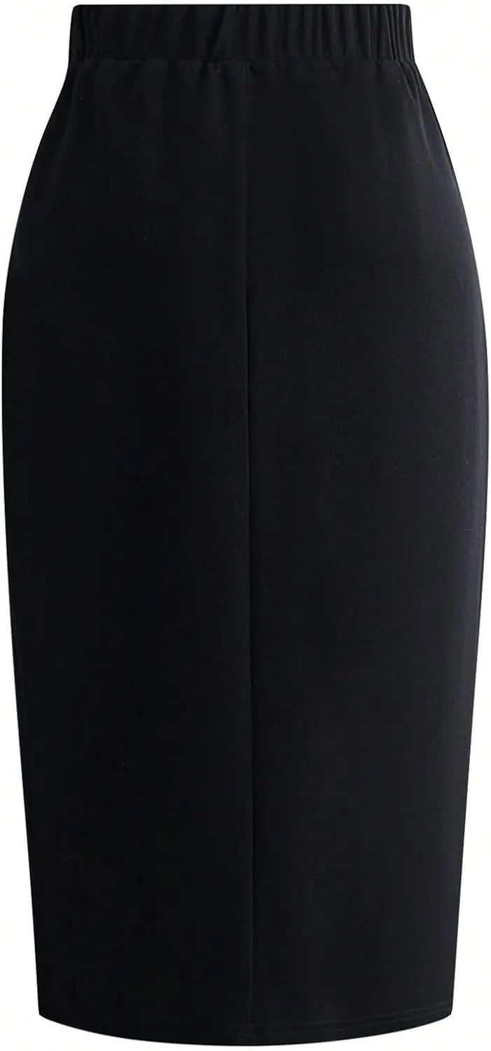 SweatyRocks Women's Elegant Ruched Midi Skirt Split High Waisted Bodycon Pencil Skirts