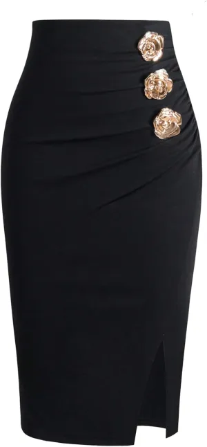 SweatyRocks Women's Elegant Ruched Midi Skirt Split High Waisted Bodycon Pencil Skirts