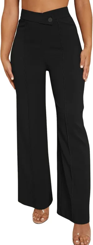 SweatyRocks Women's Overlap Waist Seam Front Palazzo Wide Leg Pants High Waist Long Pant Casual Trousers