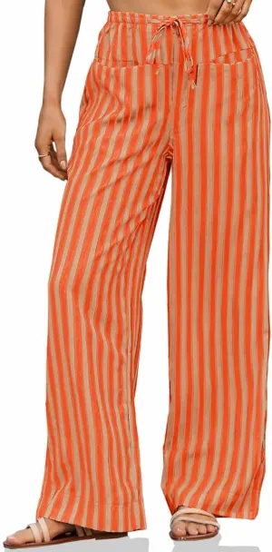 Tankaneo Womens Baggy Striped Pants Casual Loose Wide Leg Drawstring Elastic Waist Pants with Pockets