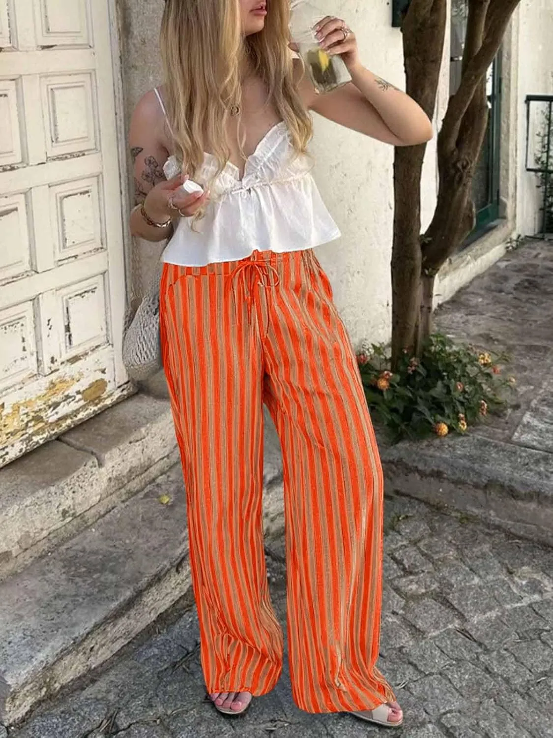 Tankaneo Womens Baggy Striped Pants Casual Loose Wide Leg Drawstring Elastic Waist Pants with Pockets