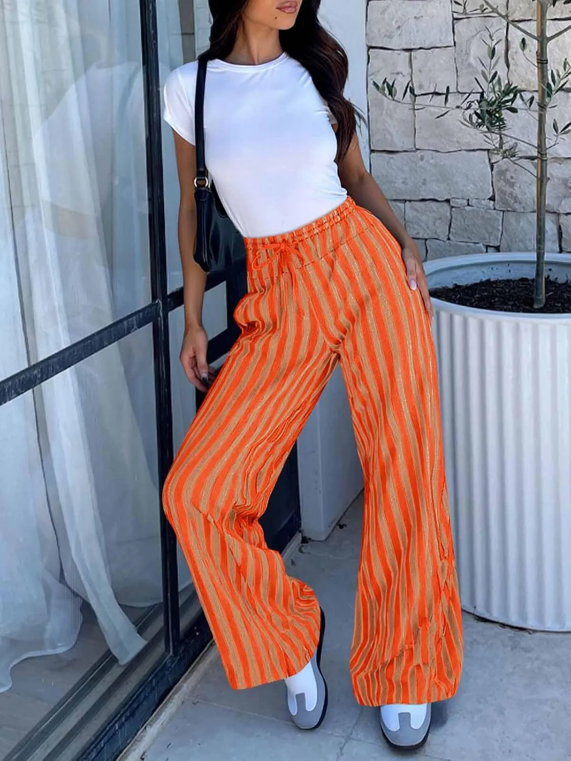 Tankaneo Womens Baggy Striped Pants Casual Loose Wide Leg Drawstring Elastic Waist Pants with Pockets