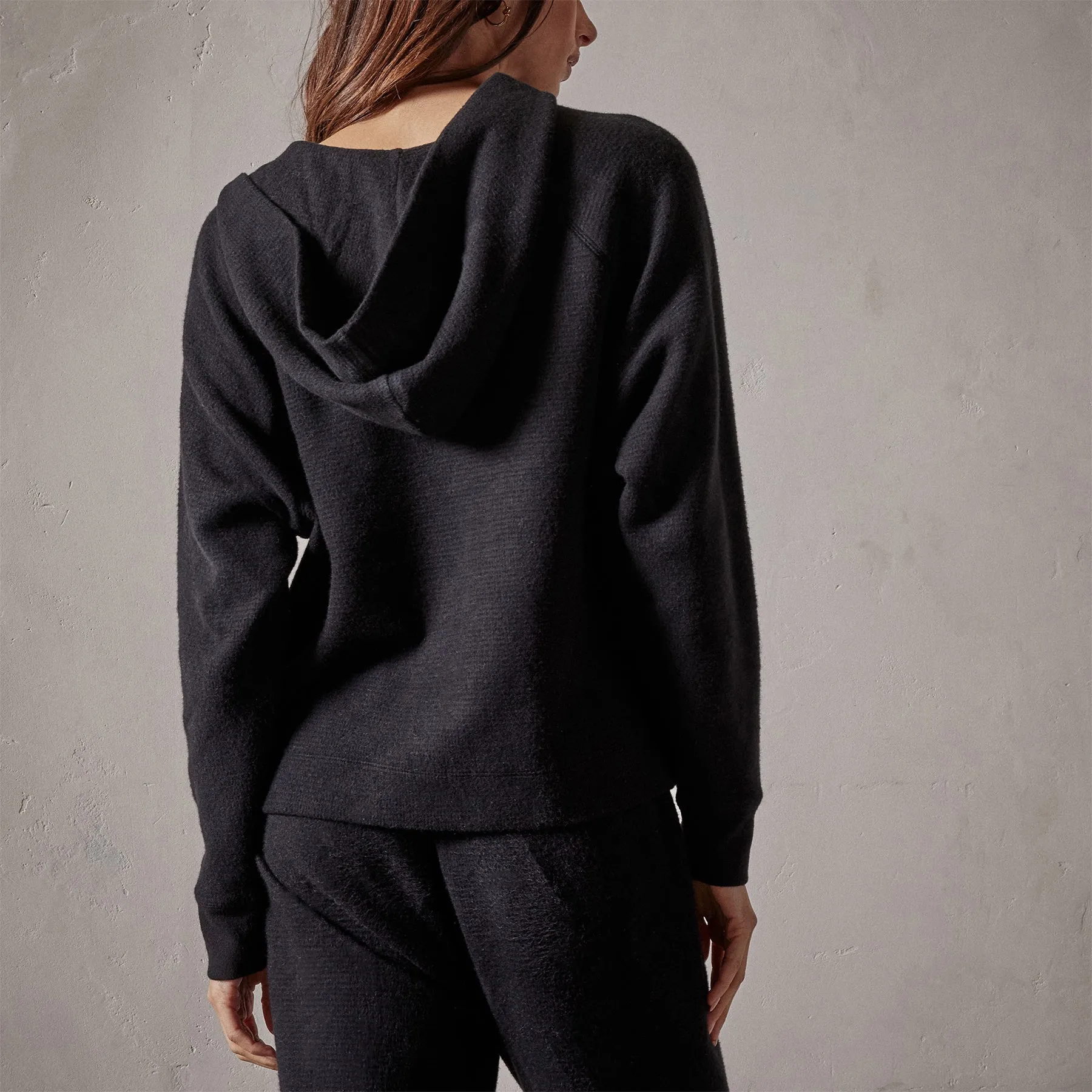 Thermal Knit Split Front Hoodie - Black