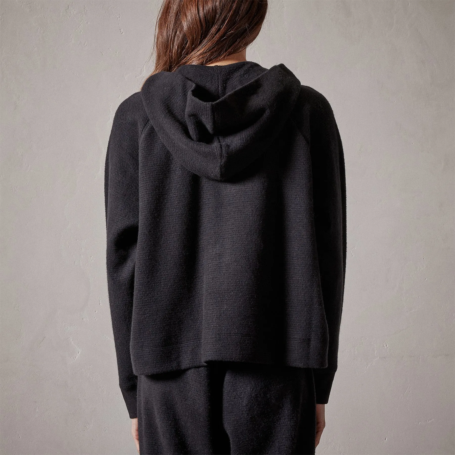 Thermal Knit Split Front Hoodie - Black