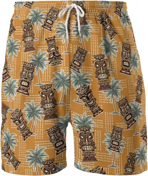 Tropical Tiki Mens Hawaiian Sport Shorts - Tiki Hawaiian Shorts for Men - Casual Drawstring Beachwear Shorts Series 15