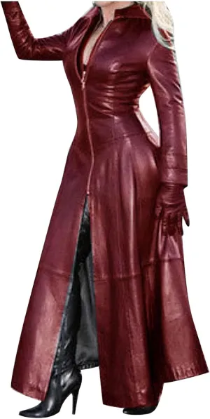 tuduoms Womens Faux Leather Trench Coat Fashion Sexy Zip Up Motocycle Long Jackets Windbreaker Slim Fit Maxi Winter Over Coat