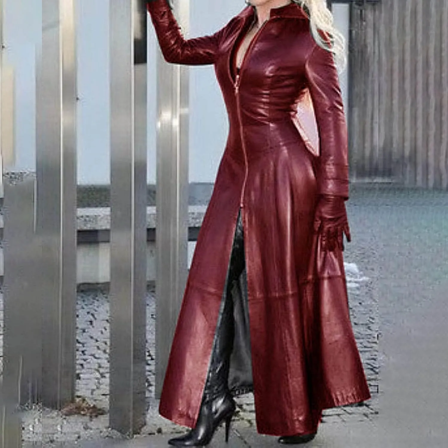 tuduoms Womens Faux Leather Trench Coat Fashion Sexy Zip Up Motocycle Long Jackets Windbreaker Slim Fit Maxi Winter Over Coat