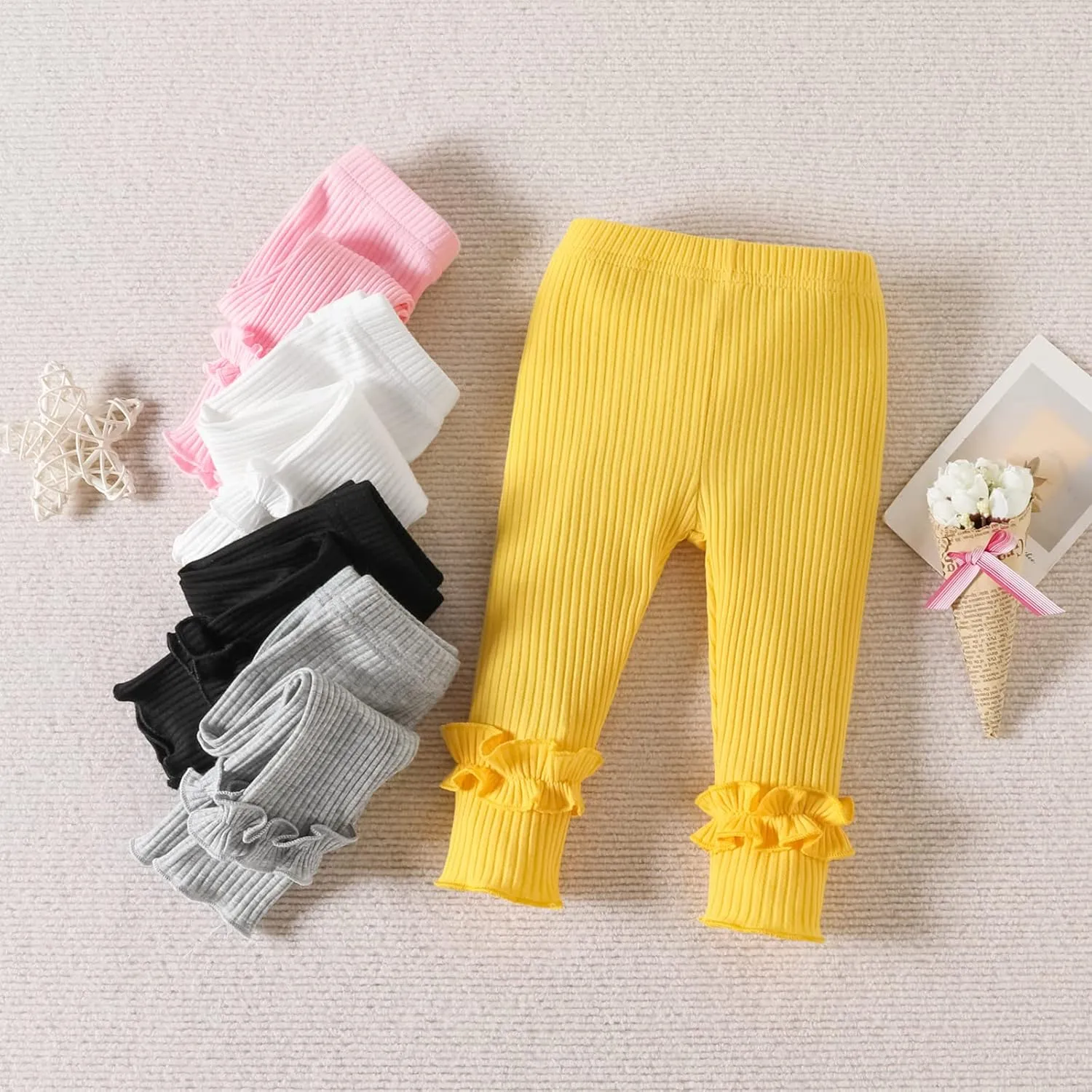 Unikaka Toddler and Baby Girl Stretchy Flare Pants with Ruffle Fleece Pants and Leggings 5-Pack