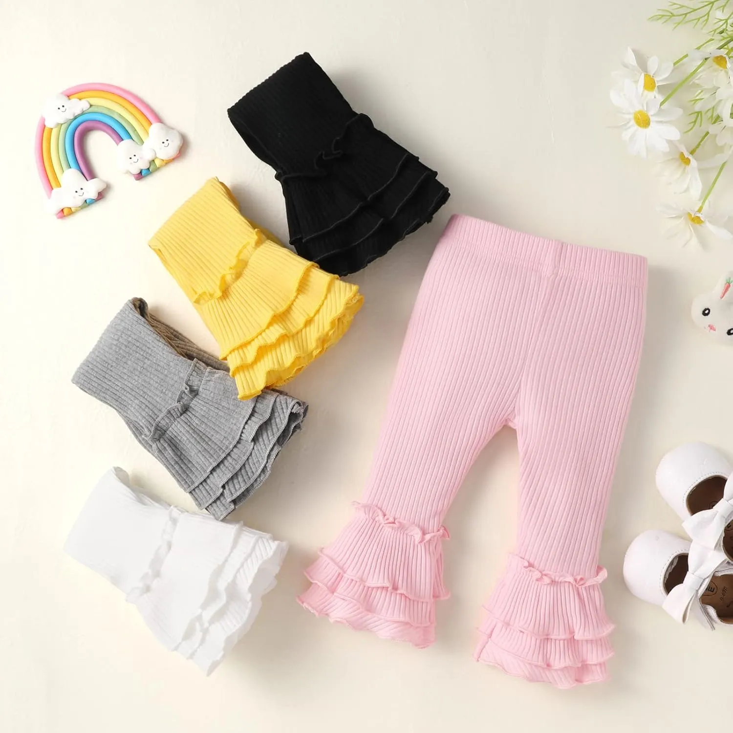Unikaka Toddler and Baby Girl Stretchy Flare Pants with Ruffle Fleece Pants and Leggings 5-Pack