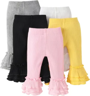 Unikaka Toddler and Baby Girl Stretchy Flare Pants with Ruffle Fleece Pants and Leggings 5-Pack