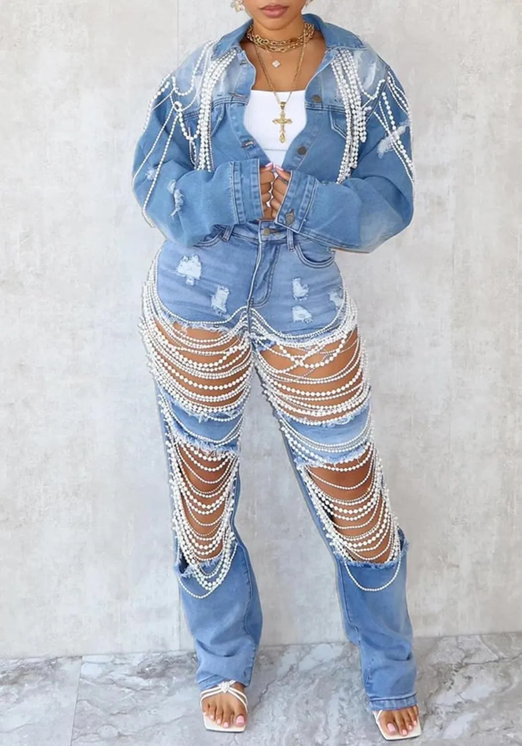 Unybwonn Women Cropped Rhinestone Denim Jacket Long Sleeve Bling Pearl Loose Sexy Short Jean Jackets Coat Streetwear
