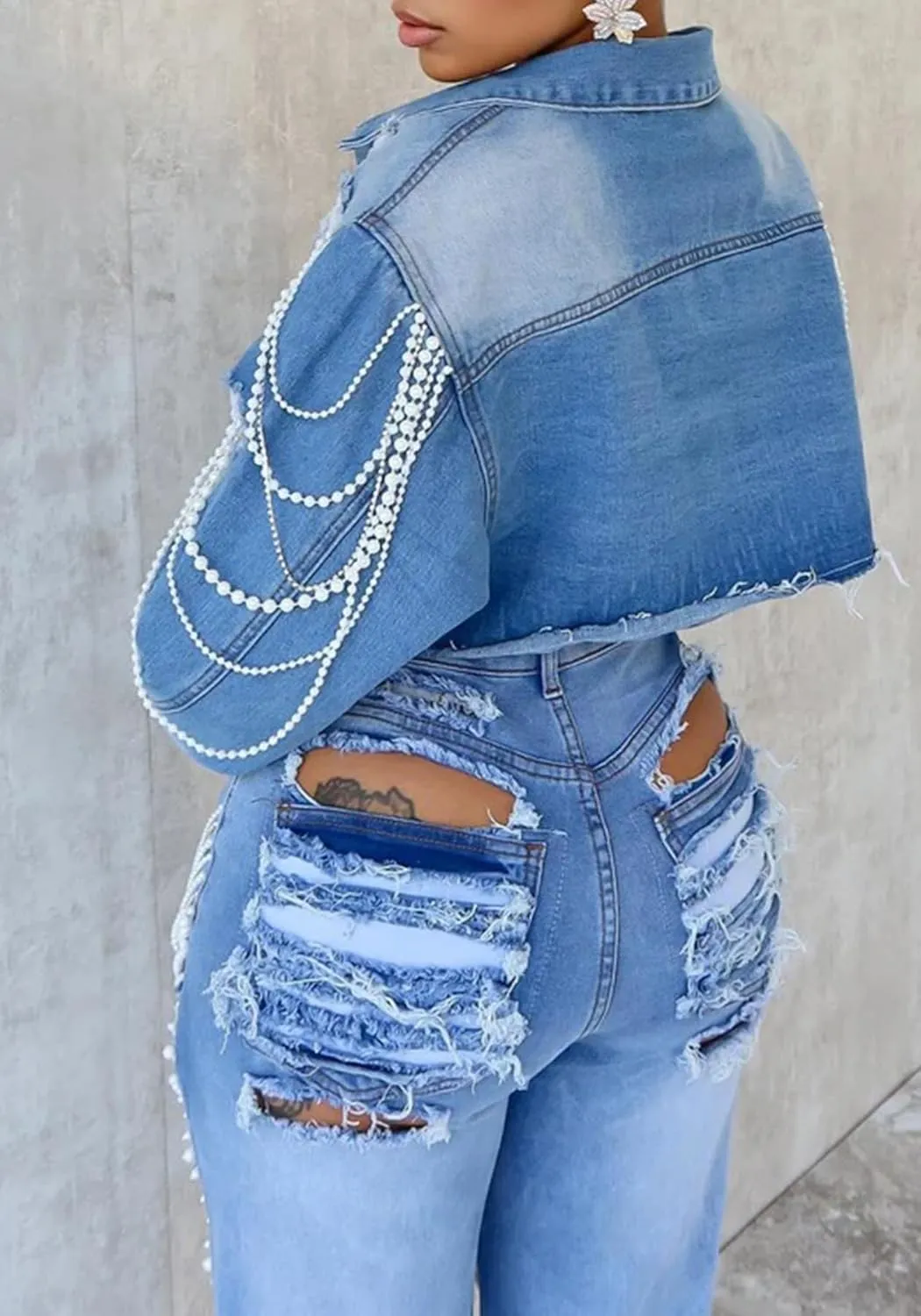 Unybwonn Women Cropped Rhinestone Denim Jacket Long Sleeve Bling Pearl Loose Sexy Short Jean Jackets Coat Streetwear