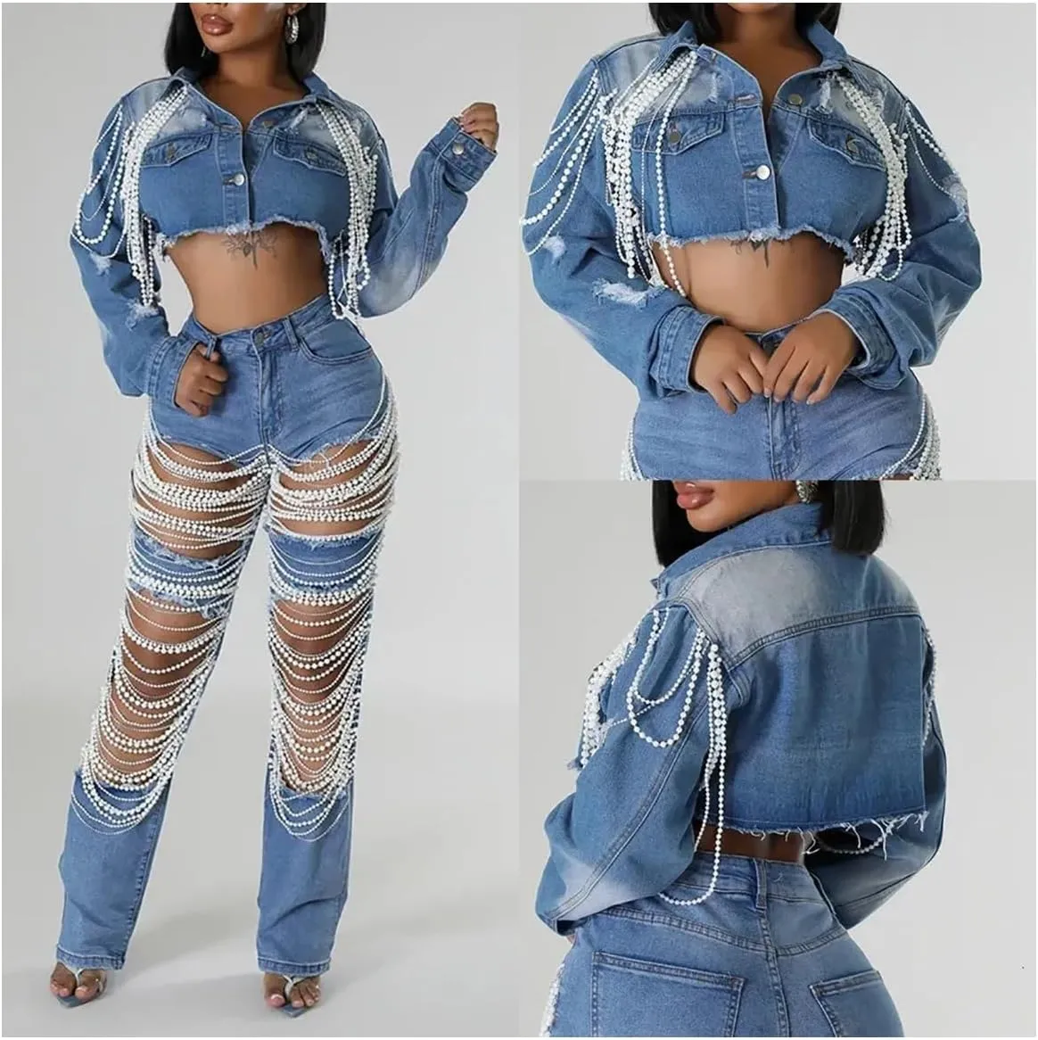 Unybwonn Women Cropped Rhinestone Denim Jacket Long Sleeve Bling Pearl Loose Sexy Short Jean Jackets Coat Streetwear