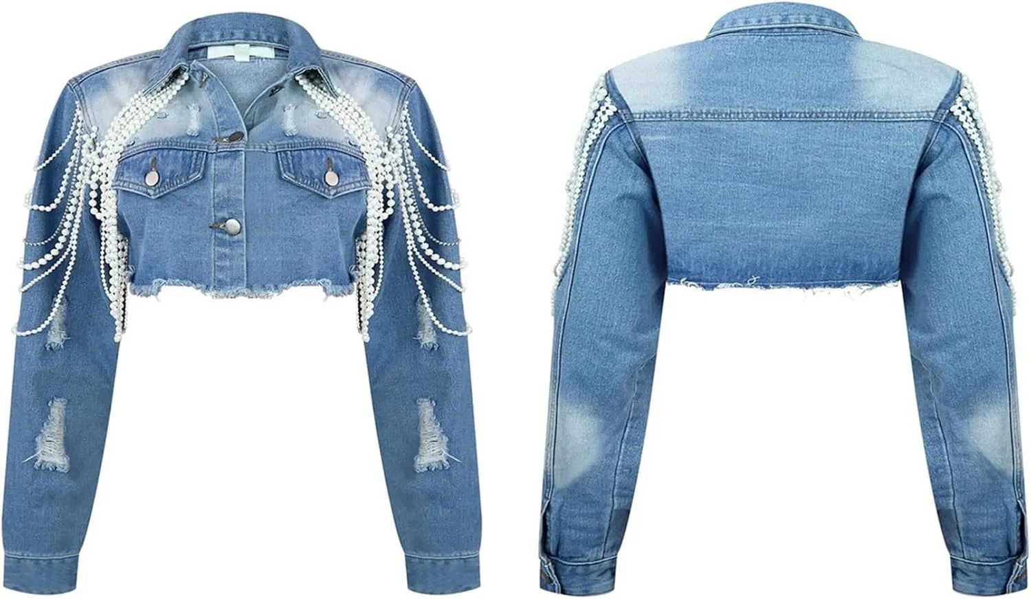 Unybwonn Women Cropped Rhinestone Denim Jacket Long Sleeve Bling Pearl Loose Sexy Short Jean Jackets Coat Streetwear