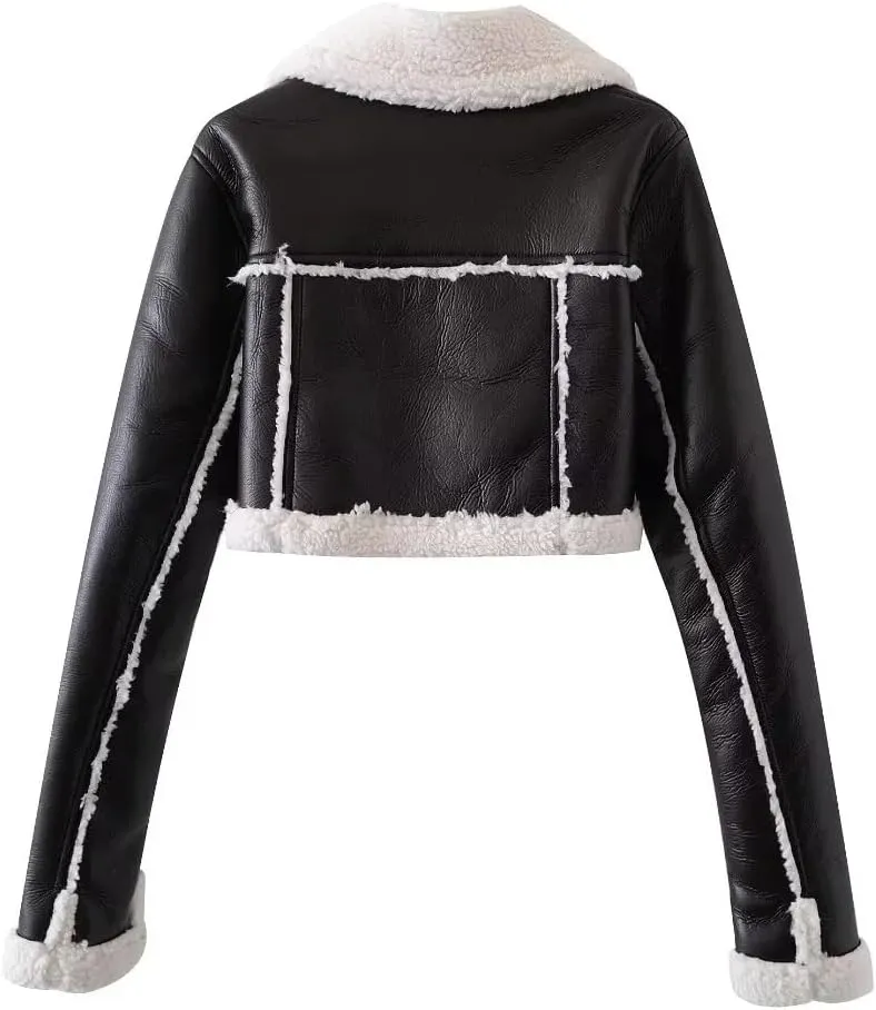 utcoco Womens Leather Jacket Faux Fur Moto Jacket Winter Trench Coat Cropped Shearling Jacket