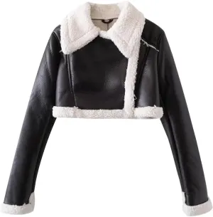 utcoco Womens Leather Jacket Faux Fur Moto Jacket Winter Trench Coat Cropped Shearling Jacket