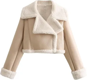 utcoco Womens Leather Jacket Faux Fur Moto Jacket Winter Trench Coat Cropped Shearling Jacket