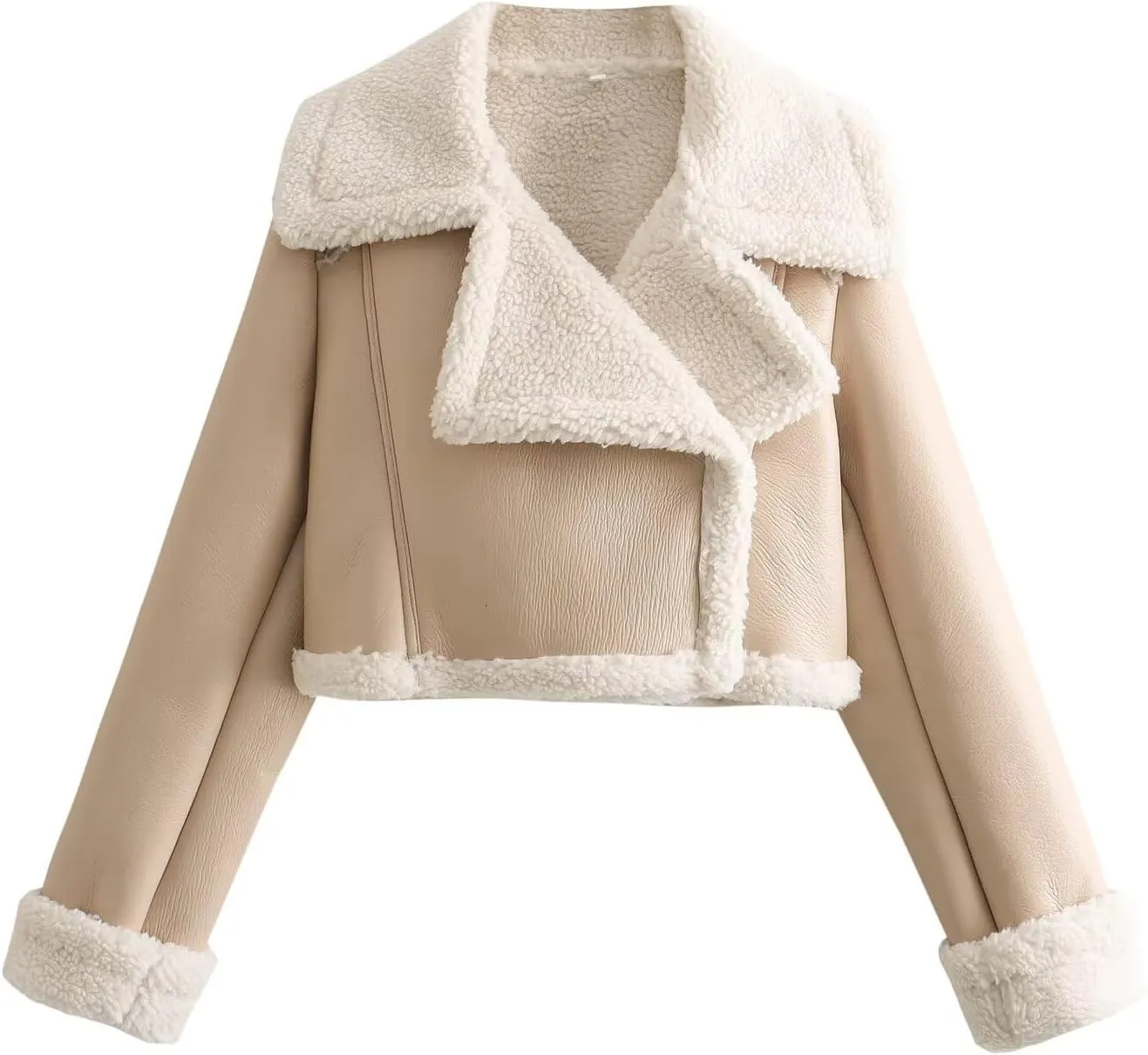 utcoco Womens Leather Jacket Faux Fur Moto Jacket Winter Trench Coat Cropped Shearling Jacket