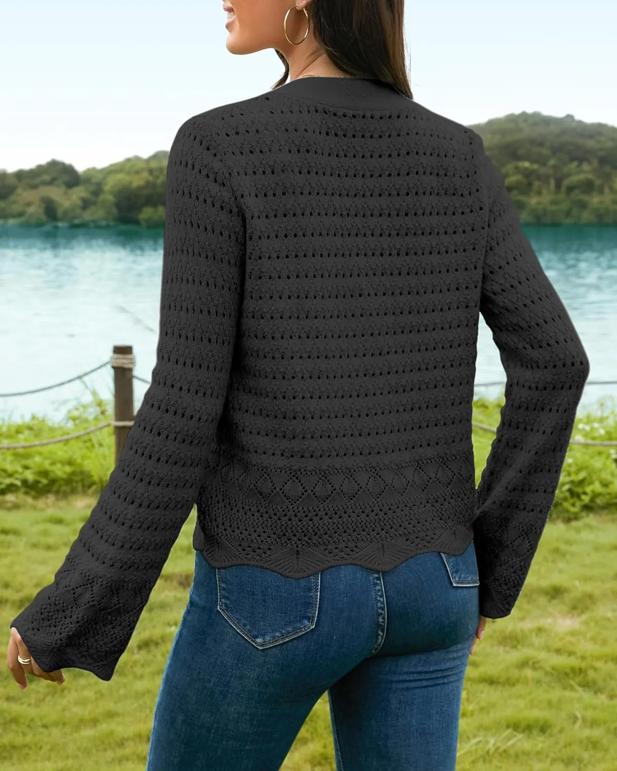 V FOR CITY Womens Cropped Cardigan Sweaters Bell Sleeve Crochet Cardigans Knit Bolero Shrug V Neck Open Front Sweater