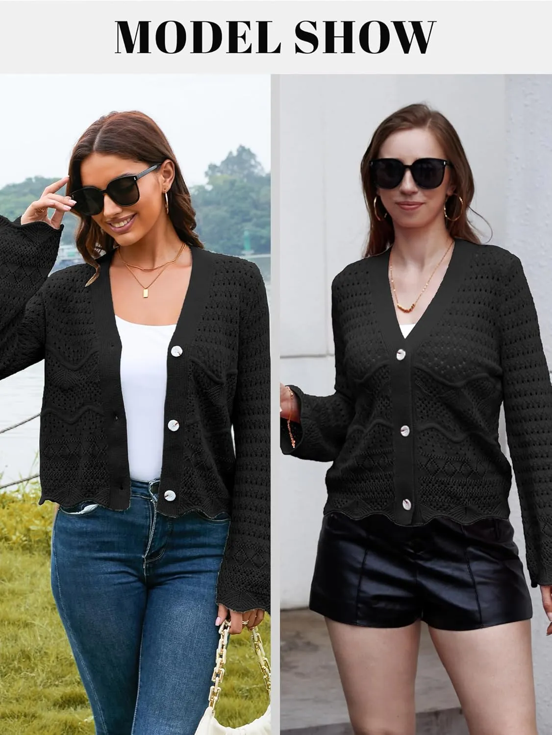 V FOR CITY Womens Cropped Cardigan Sweaters Bell Sleeve Crochet Cardigans Knit Bolero Shrug V Neck Open Front Sweater