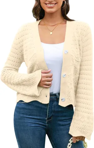 V FOR CITY Womens Cropped Cardigan Sweaters Bell Sleeve Crochet Cardigans Knit Bolero Shrug V Neck Open Front Sweater