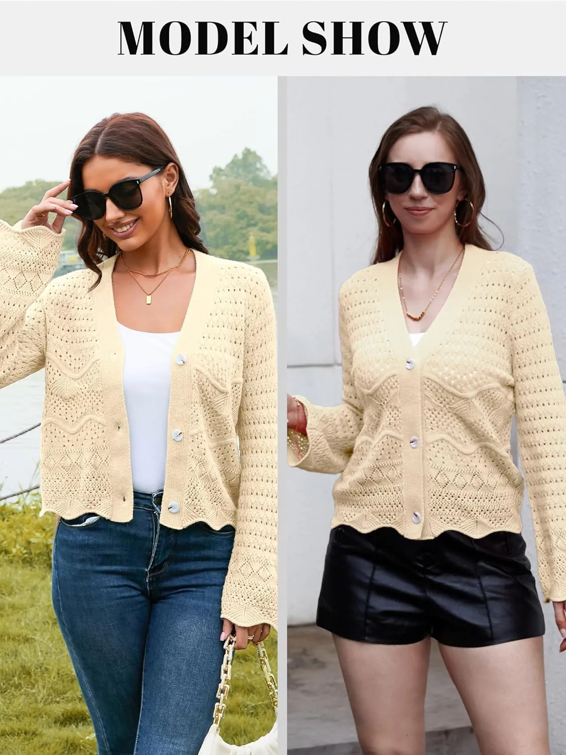 V FOR CITY Womens Cropped Cardigan Sweaters Bell Sleeve Crochet Cardigans Knit Bolero Shrug V Neck Open Front Sweater
