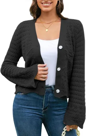 V FOR CITY Womens Cropped Cardigan Sweaters Bell Sleeve Crochet Cardigans Knit Bolero Shrug V Neck Open Front Sweater