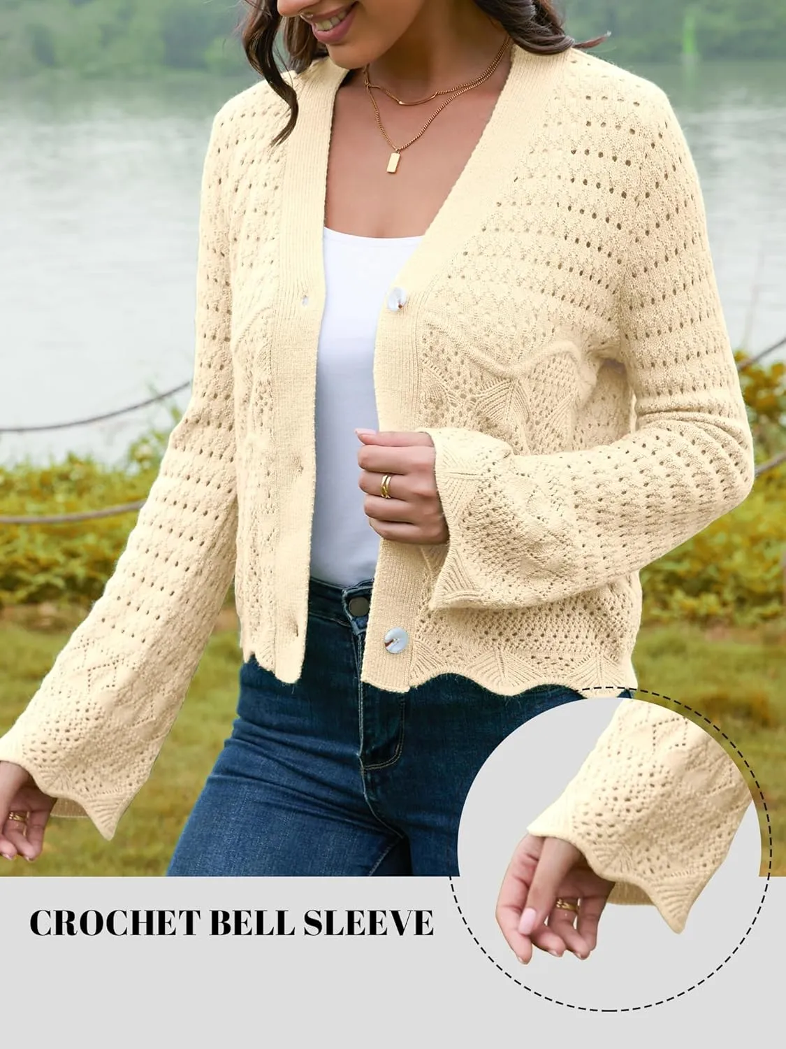 V FOR CITY Womens Cropped Cardigan Sweaters Bell Sleeve Crochet Cardigans Knit Bolero Shrug V Neck Open Front Sweater