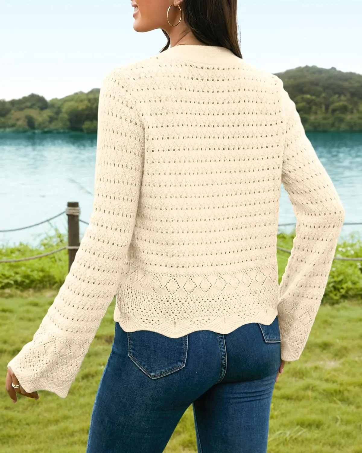 V FOR CITY Womens Cropped Cardigan Sweaters Bell Sleeve Crochet Cardigans Knit Bolero Shrug V Neck Open Front Sweater