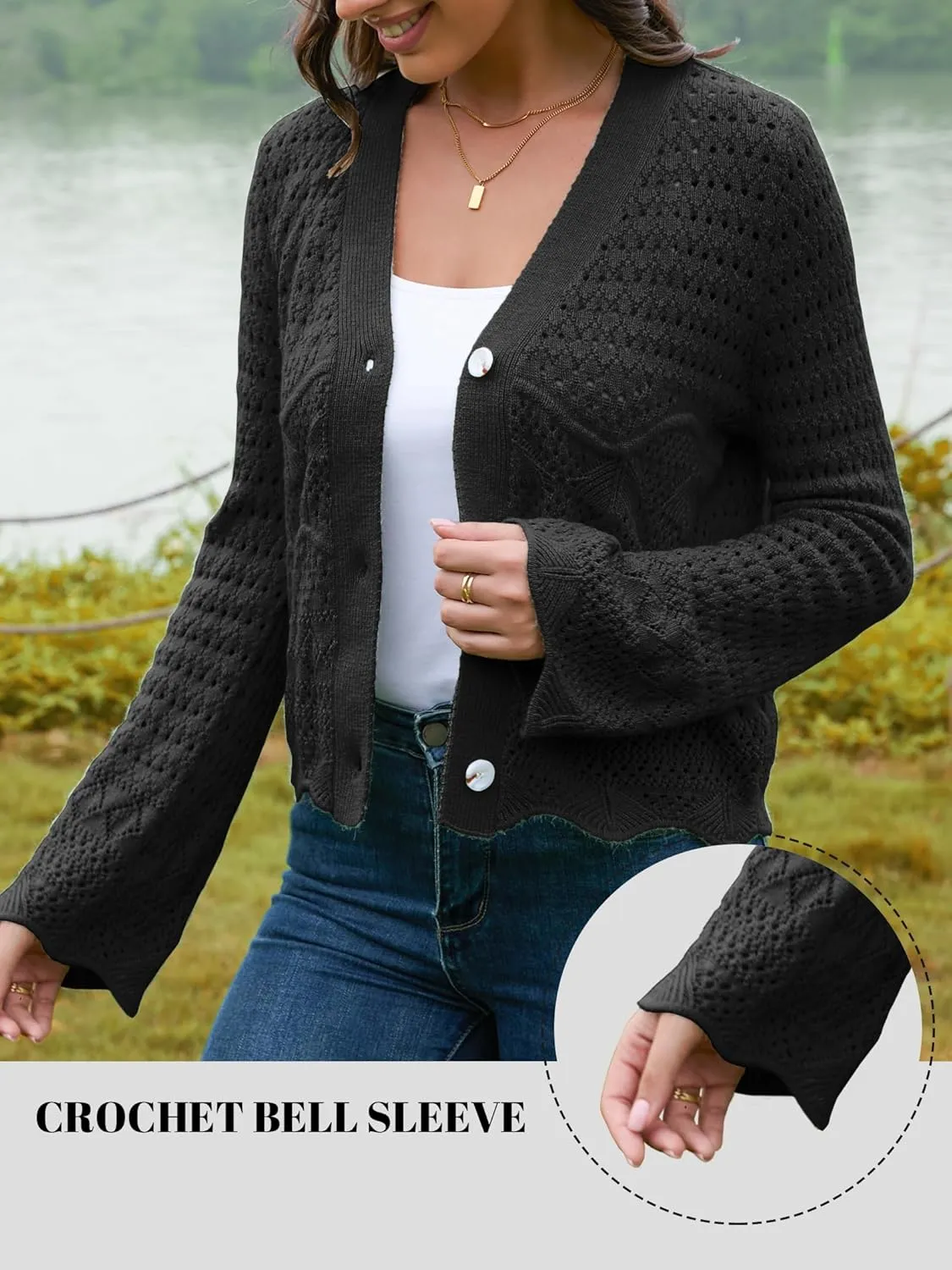 V FOR CITY Womens Cropped Cardigan Sweaters Bell Sleeve Crochet Cardigans Knit Bolero Shrug V Neck Open Front Sweater