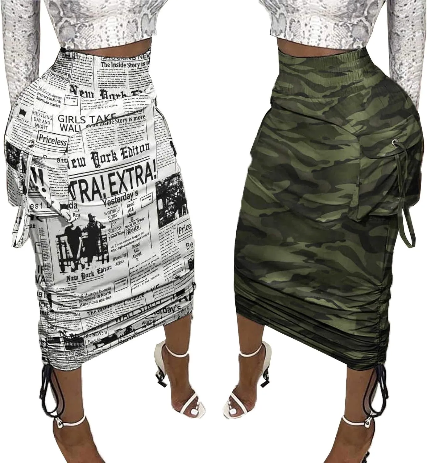 Vakkest Women's Camo Cargo Midi Skirt Elegant High Waist Vintage Dress Slit Front Ruffle Long Bodycon Maxi Skirts