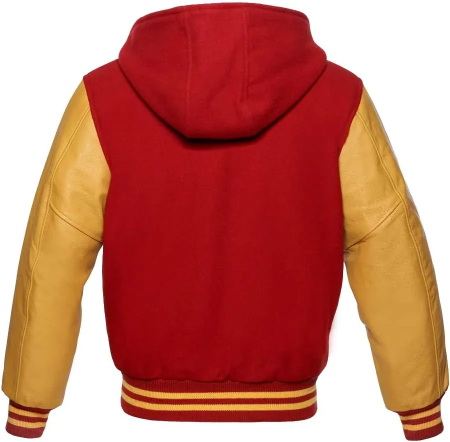 Varsity Hoodie Baseball Letterman Bomber Wool & Genuine Yellow Gold Leather Sleeves Zipper Jacket